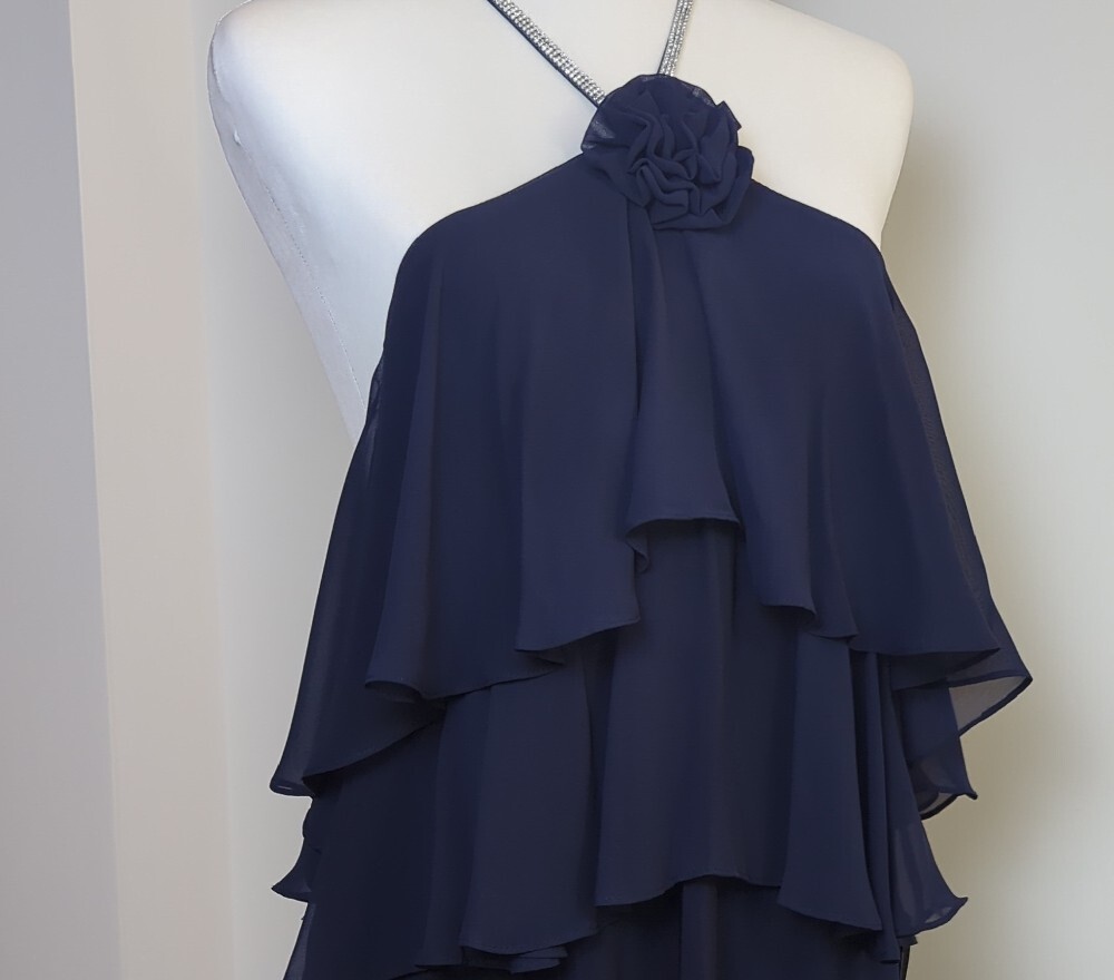 NWT MSK Navy Blue Rhinestone Halter Tiered Chiffon Top Rosette Blouse XL - Picture 5 of 15